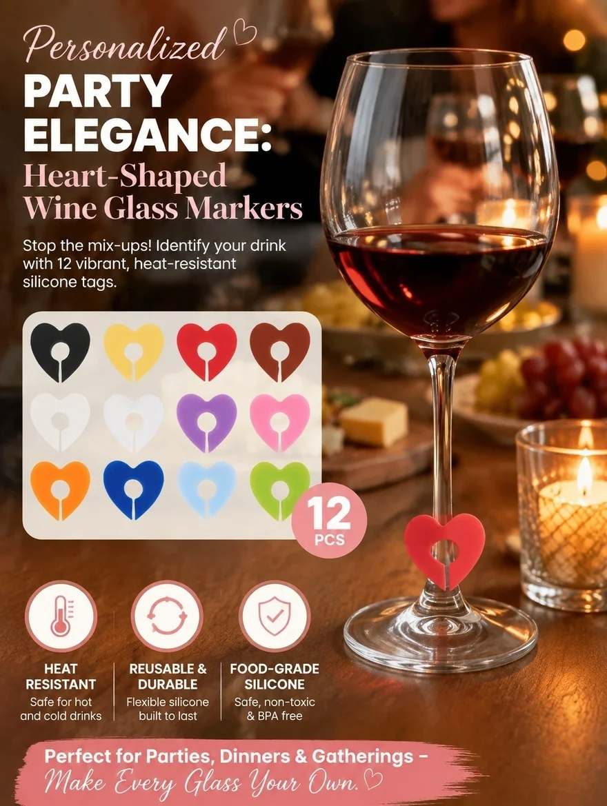 12Pcs Reusable Silicone Drink Glass Markers Heart Stemware Tags Bright Beverage Labels Party Glass Identification for Wine