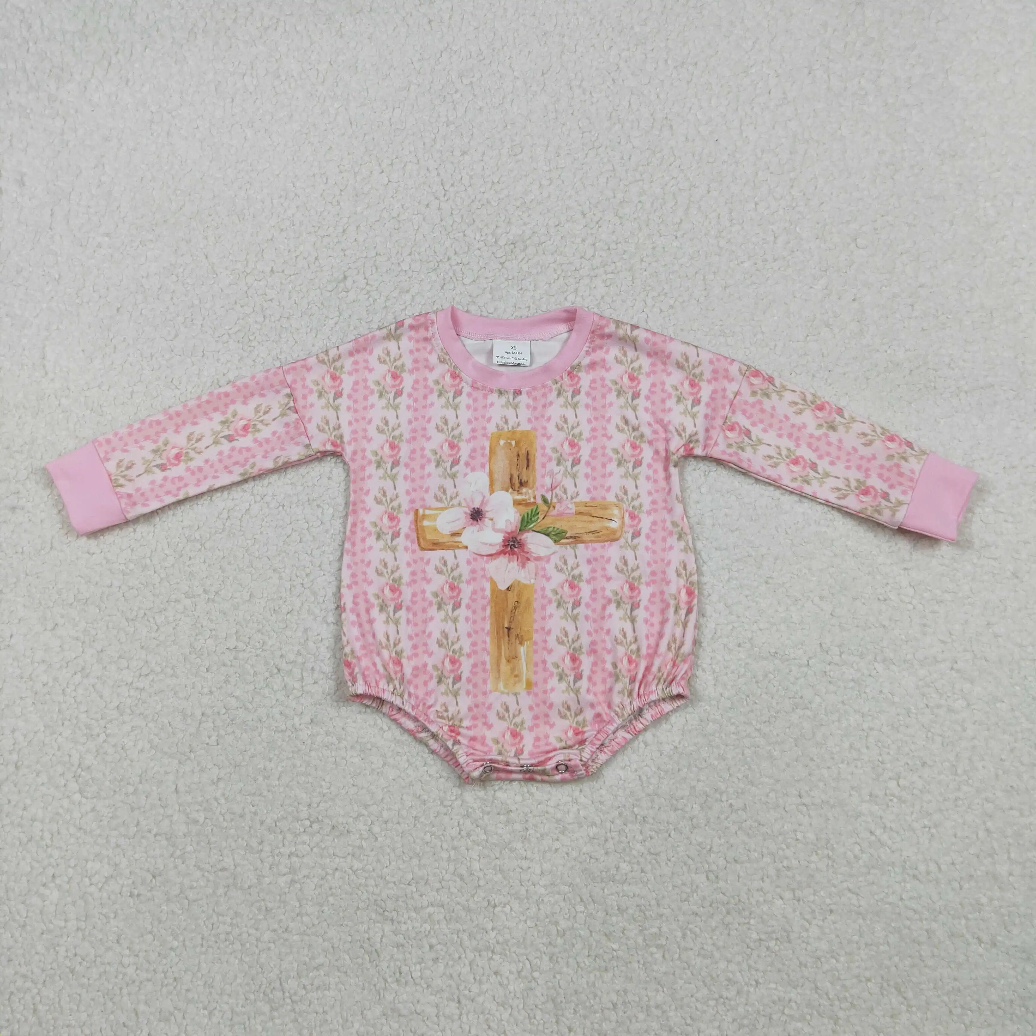 

Розовый пасхальный комбинезон с цветочным крестом для маленьких девочек, полосатый детский наряд с длинными рукавами для весенней фотографии, комбинезон в розовую полоску