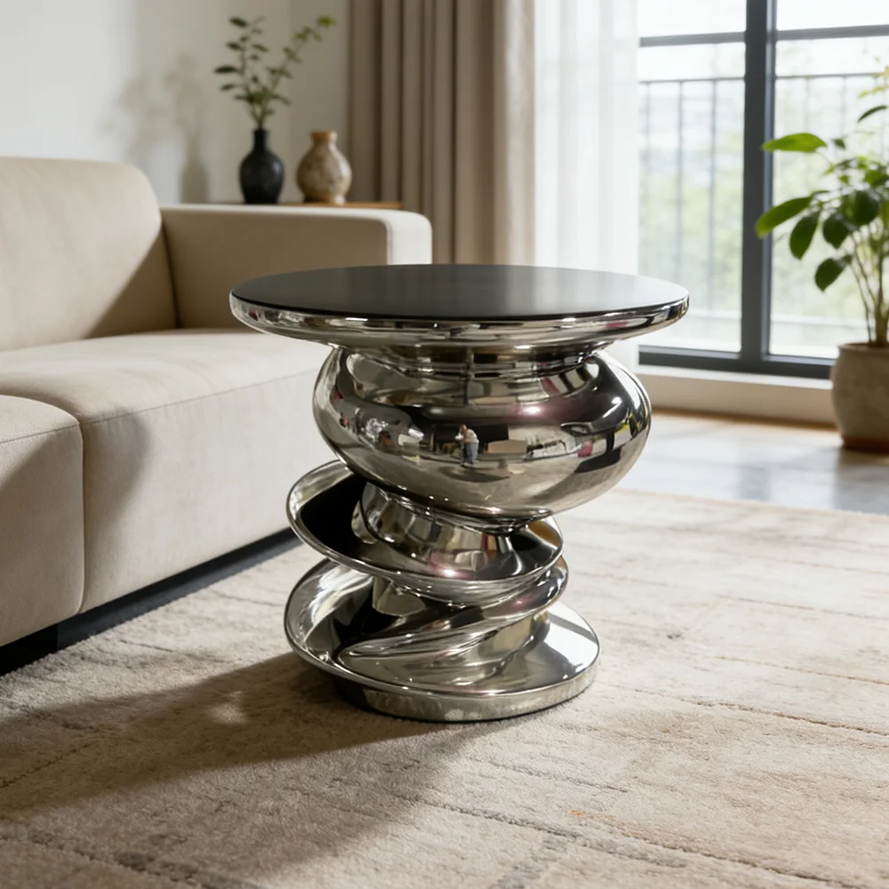 loModern Luxury Silver Polished Fiberglass Spiral Twisted Accent Side Coffee Table Unique Metal Pedestal Art Design Furniture&