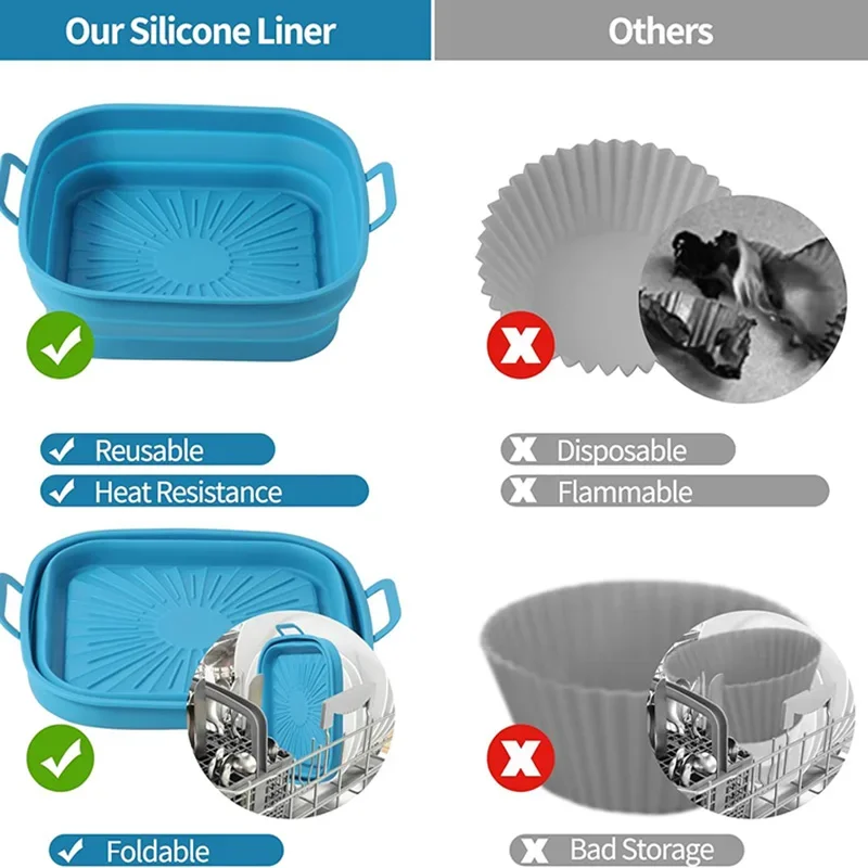 21CM Silicone Air Fryer Pot Tray BBQ Barbecue Pad Plate Airfryer Oven Baking Mold Pot Food Safe Reusable Square Air Fryer Pan