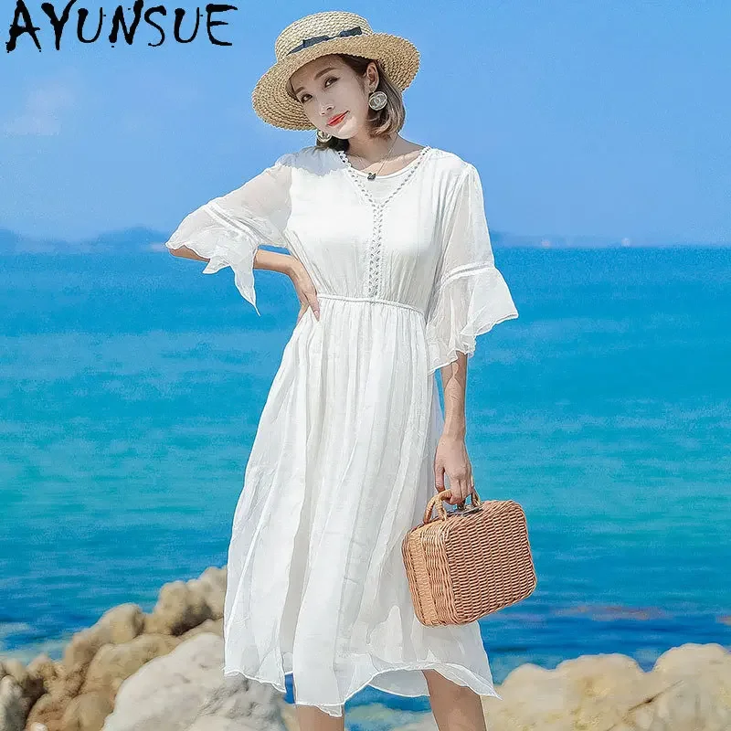 Böhmische neue Frauen Sommer Strand kleid weiße Fee Kleid Taille schlanke mittellange 100% Maul beers eide Kleid Damen bekleidung Vestido