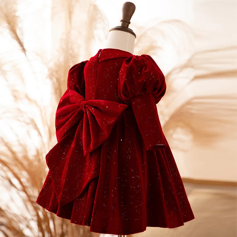 Newborn Baby Girl Princess Christmas Red Dresses Puff Sleeve Infant Toddler Shiny Vintage Winter Evening Gown Bow 12M-10Y