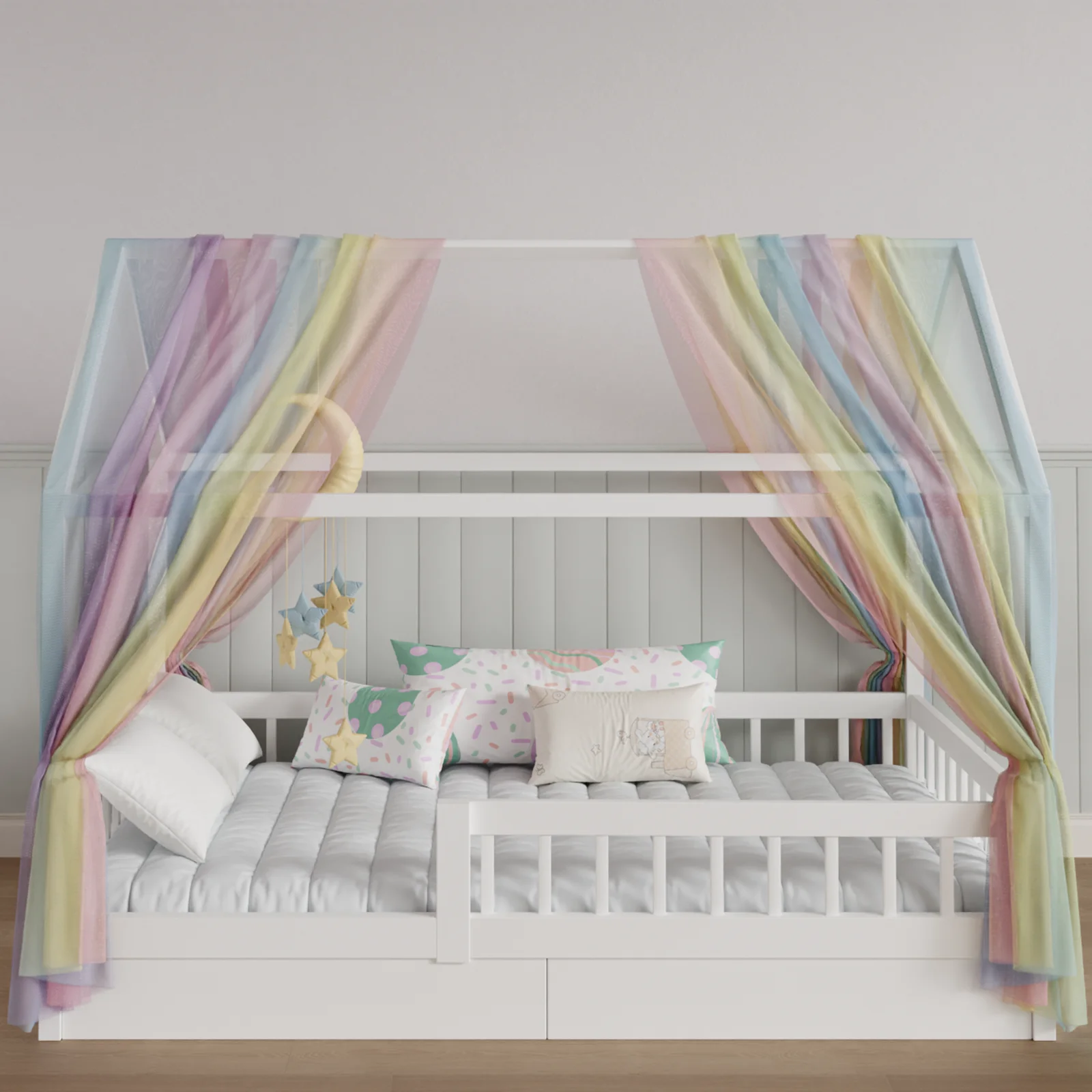 Rainbow Gradient Tulle Bed Canopy Curtain 1/2Pcs Soft Muslin Mesh Bed Curtain for Kids House Bed Children Bedroom Decor