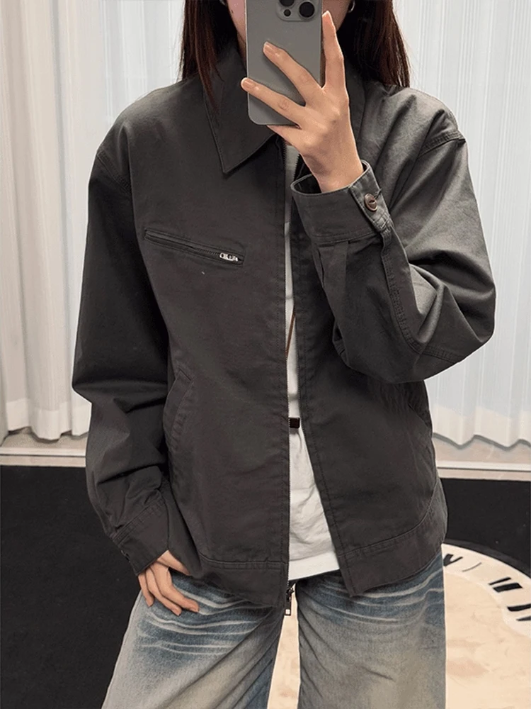 

ey Retro Cleanfit Workwear Jaet Men's ort Waed Canvas Coat Autumn Turn-down Collar Outerwear Stand Fit Youth Trend