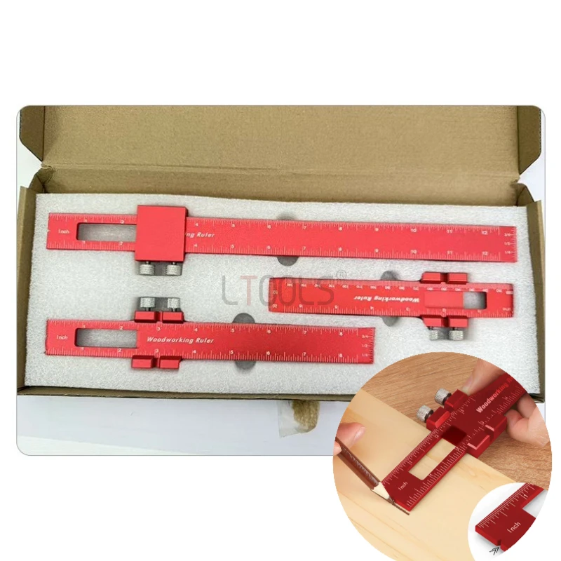 

3 Piece Set Woodworking Marking Ruler Aluminum Alloy Positioning Ruler with Limiter Height Measurement T-ruler Measuring Tools