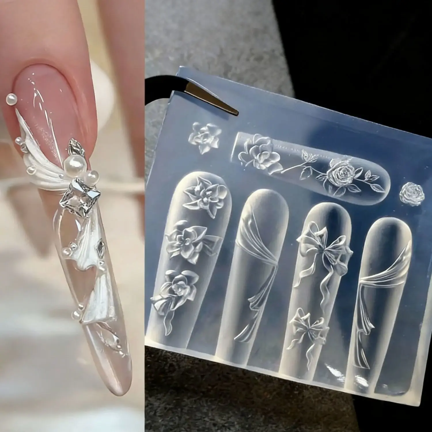【HLS】【HB】3D Silicone Nail Art Mold Rose Flower Bow Wing Retro Relief Pattern Design DIY Nail Templates Manicure Design Tool