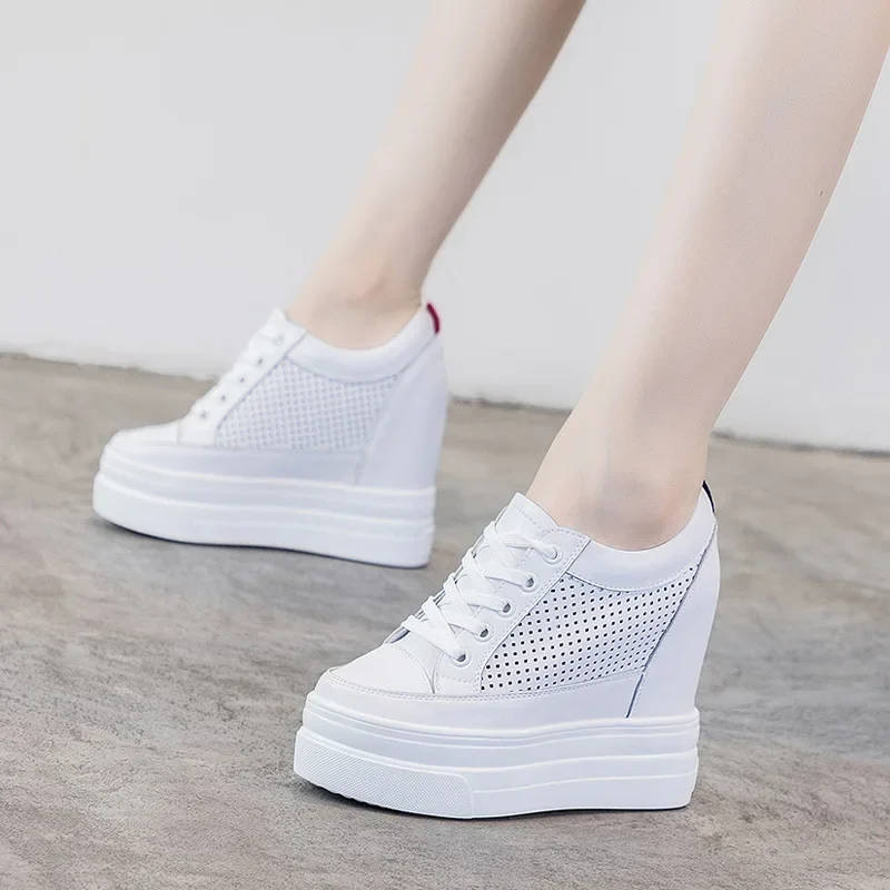 Genuine Leather Women Breathable Sneakers Increased Platform Shoes Casual Footwear Leisure White Shoes Women\'s Vulcanize Shoes