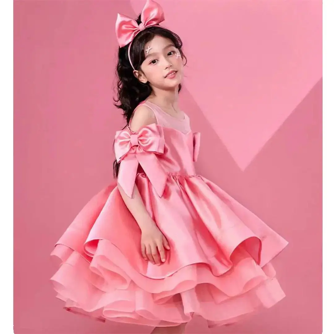 Customized 2025 Pink Flower Girl Dress For Wedding Satin Cute Bow Puffy Elegant Kids Birthday First Communion Ball Gown