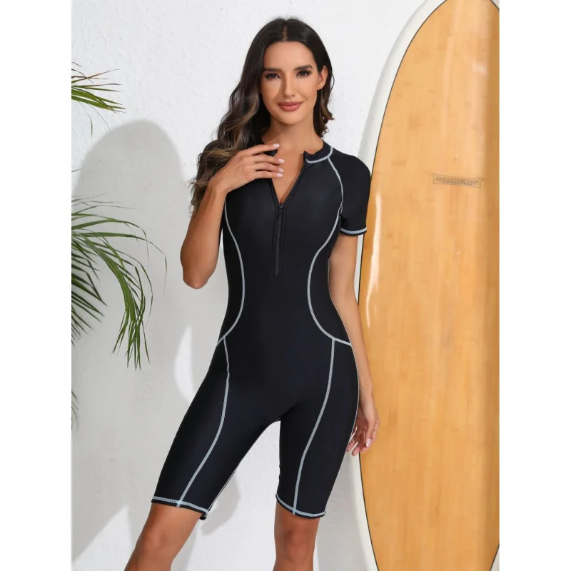 

One-Piece Zipper Sports Swimsuit Women's Short Sleeve Surfing Swimsuit Sun Protection Surfing Suit Boxer Dive Skin Snorkeling Su