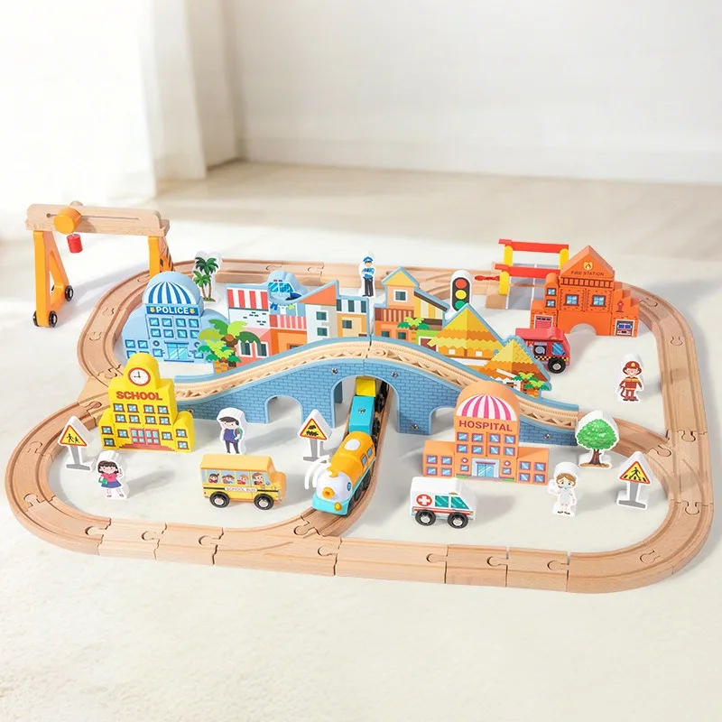 Children Toy Puzzle 90pcs Diy Wood Town Kit Diorama Building Blocks Set Constructor Montessori Board Games Interactive Toys Gift