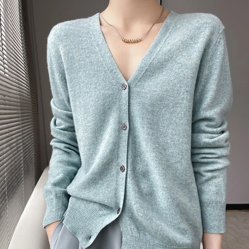 Autumn Winter Women 100% Fine Wool Sweater New V-neck Solid Color Knitted Cardigan Casual Jacket Bottoming Slim Soft Tops