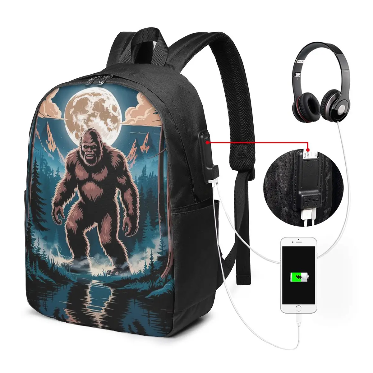 Bigfoot Sasquatch In The Middle Of A Lake Backpack Travel Notebook Bag Computer College Student School Bag Laptop Shoulder Bags