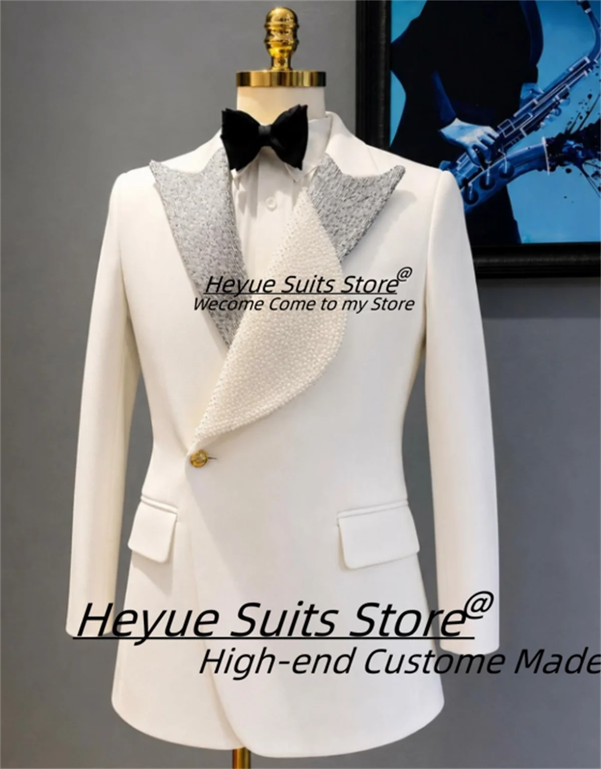 Asymmetric Lapel Handmade Pearl Rhinestone Men Suits Customized White Peak Lapel Slim Fit 2 Pieces Sets Formal Costume Homme