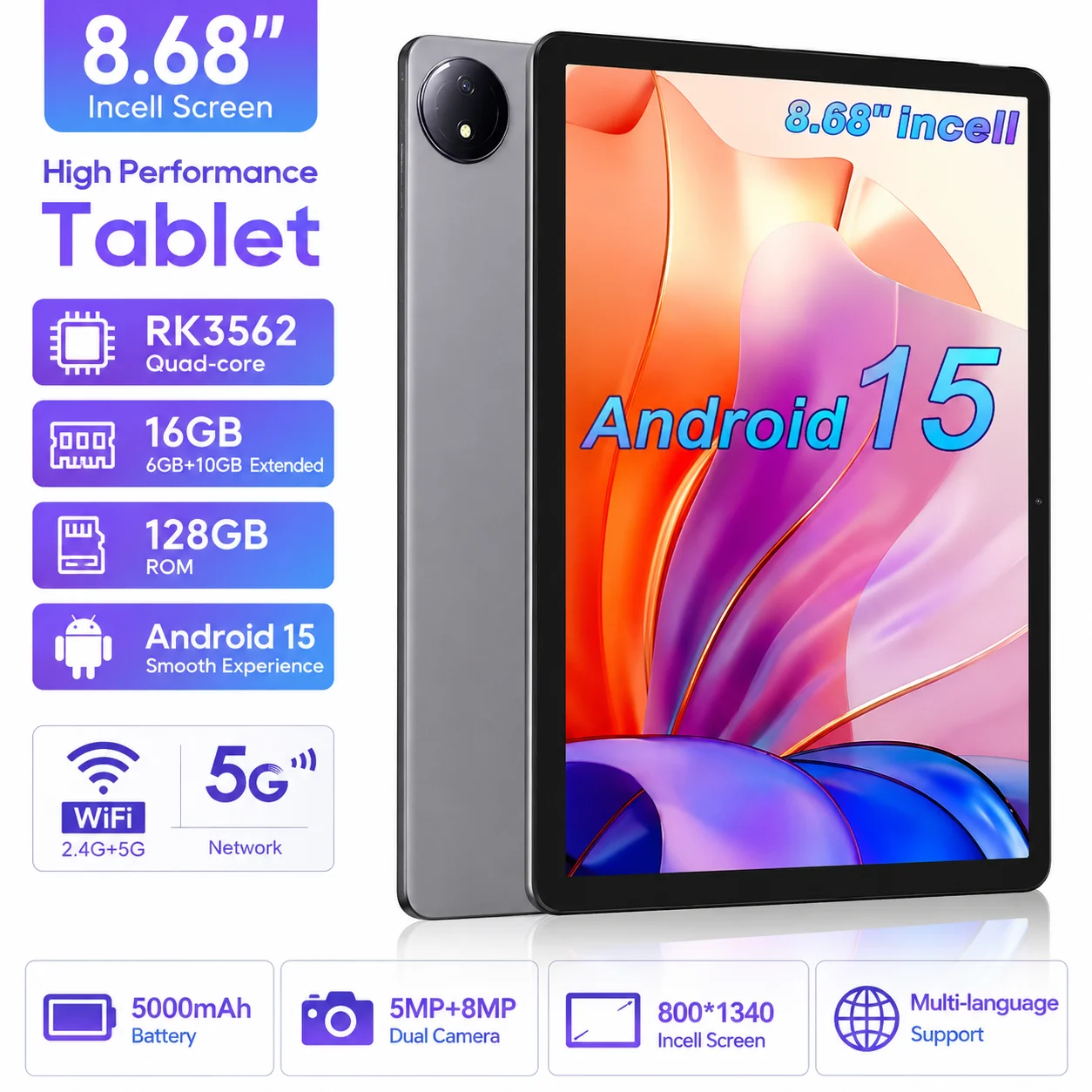 KOOMDIGI W87 8.68 Inch Android 15 Tablet, 16GB RAM (6GB + 10GB Extended) 128GB ROM, 1340x800 UHD Incell Display, 5G WiFi, Dual Camera, 5000mAh Battery, Widevine L1, GPS, GMS, Google Tablet with Case, USB-C Cable & Screen Protector
