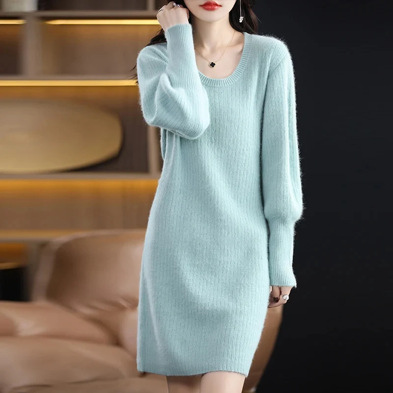 Women's 100% Mink Cashmere Long Sweater, O-Neck Jumper, Casual Loose Knitted Top, Warm Dress, Korean Fashion, Autumn, Winter