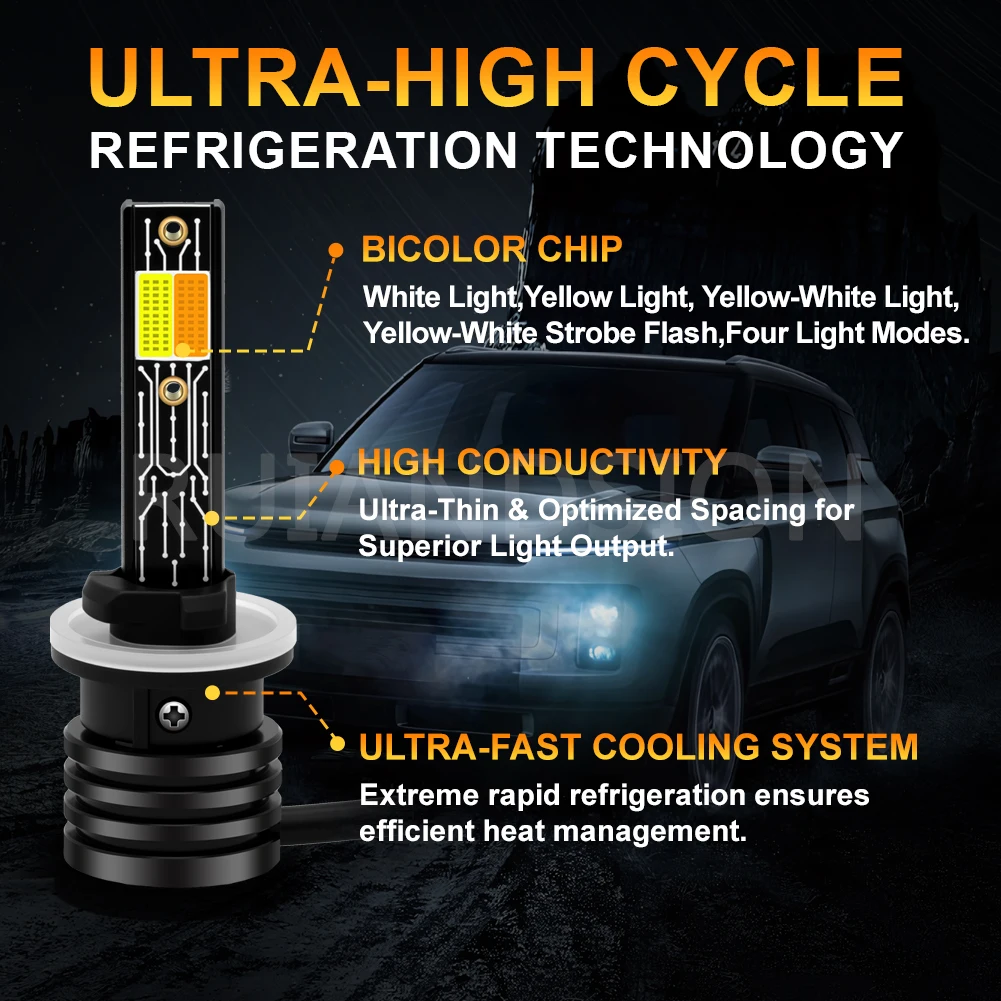 Ruiandsion Universal H1 P14.5S H3 PK22S 880 H27 LED ستروب فلاش الضباب الخفيف 9-36 فولت 3500LM عالية السطوع للمصباح الأمامي الأبيض الأصفر #3