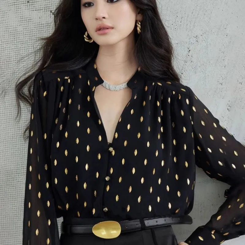 Gold-embossed Chiffon with Golden Leaf Pattern Custom-made Gold-sprinkled Glass Clasp Small Stand-up Collar Loose Straight Shirt