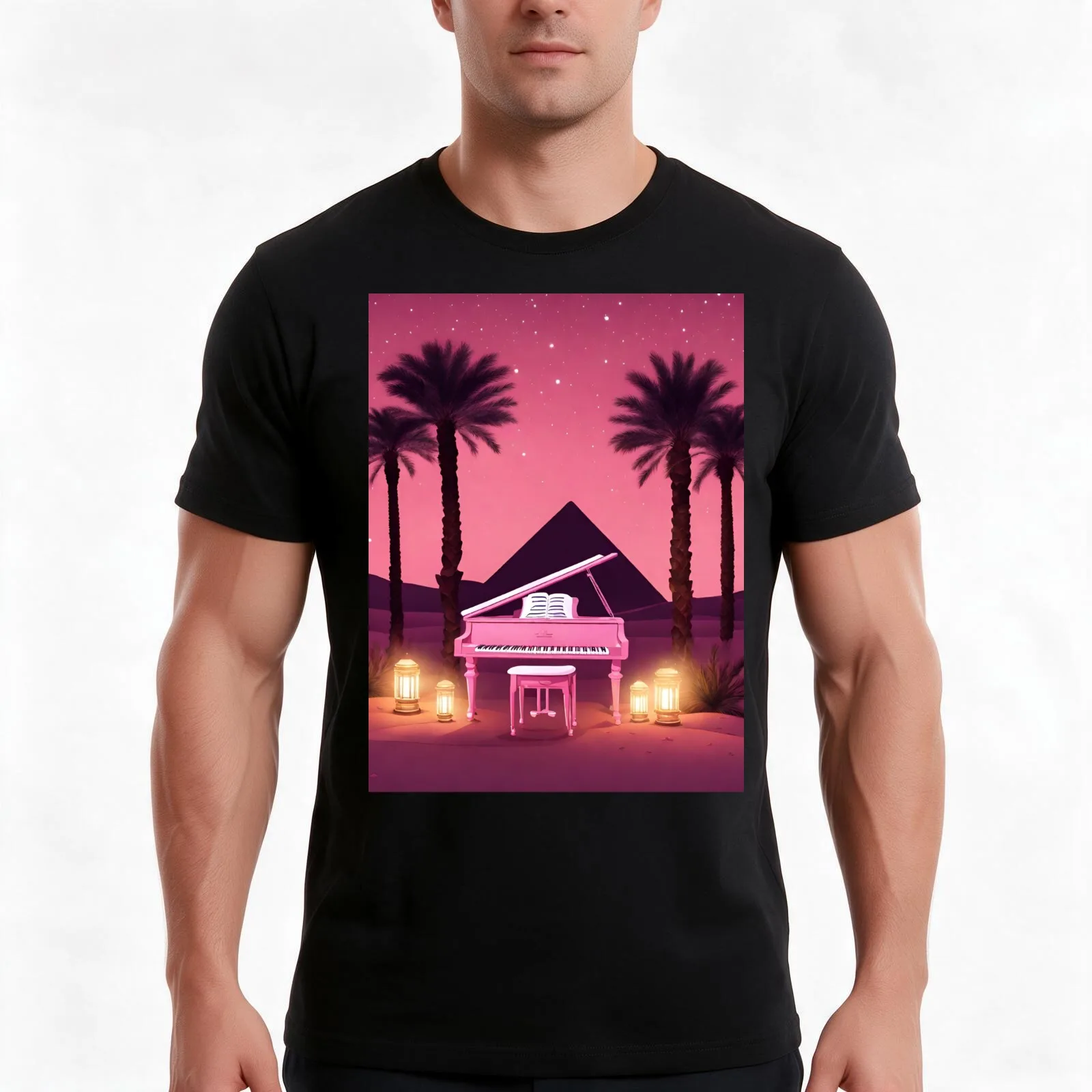 Piano in the Egyptian desert with Pyramids jungles lanterns ancient Rome T-Shirt Summer Casual Cotton Tee Unisex Men Women