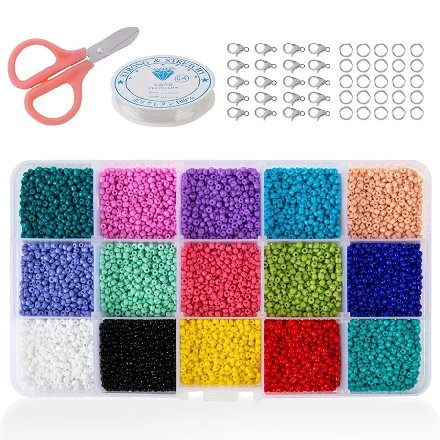 15000Pcs Glass Seed Beads, Mixed Colors Small Pony Beads Assorted Kit Opaque Colors Lustered Loose Spacer Beads, 2mm Round,