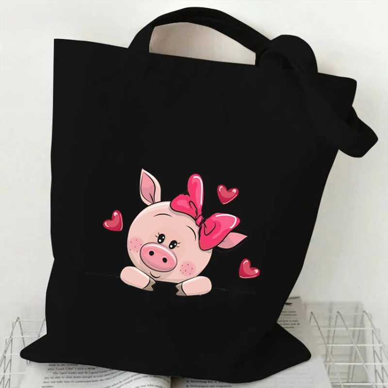 Bolso de mano con estampado de cerdo rosa para mujer, bolso de mano de lona con dibujos animados de animales divertidos, bolso de hombro de moda, bolsos de compras Kawaii