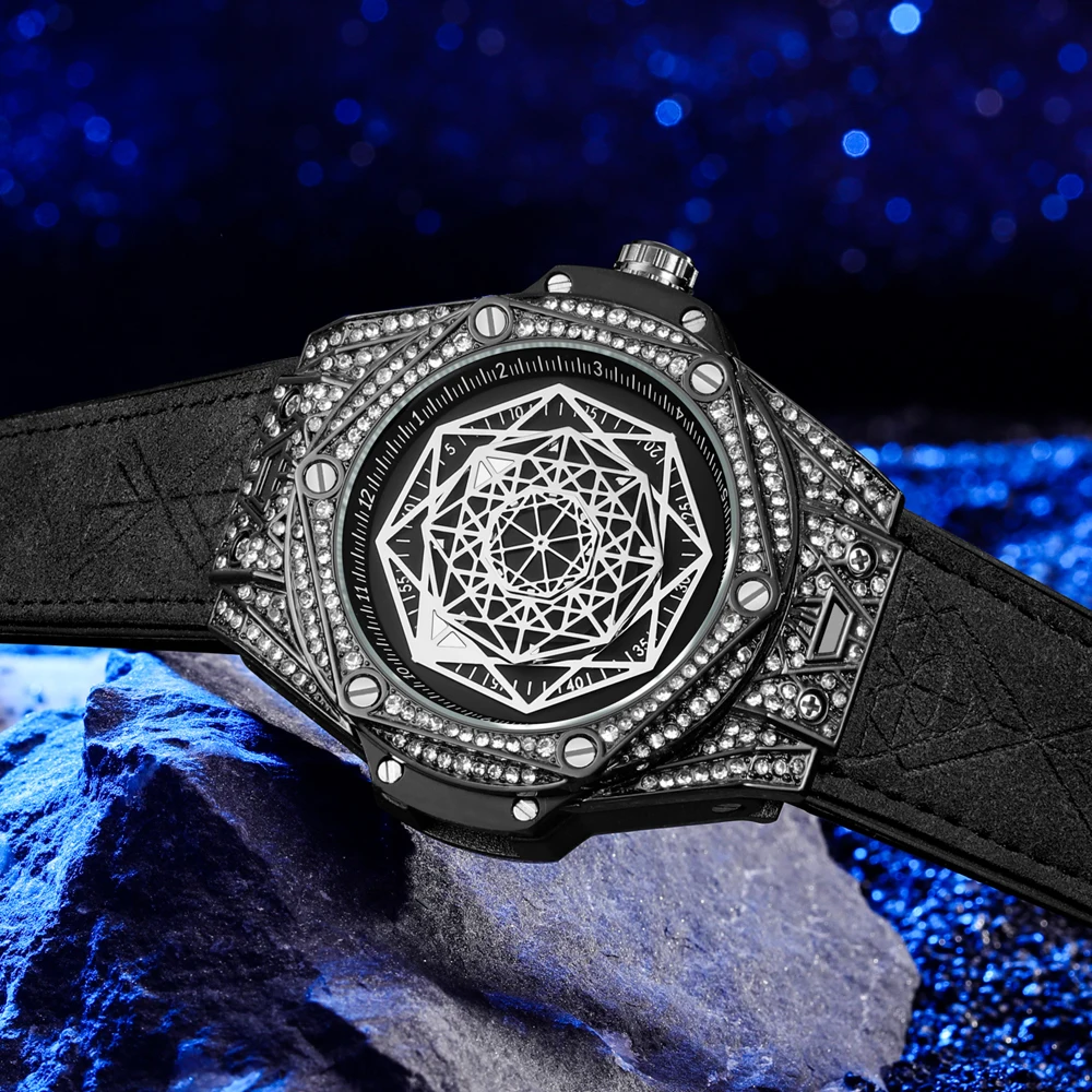 Relojes de diamantes para hombre, reloj de marca de lujo con esfera grande, reloj de acero inoxidable para hombre, reloj resistente al agua con diamantes de imitación a la moda para hombre