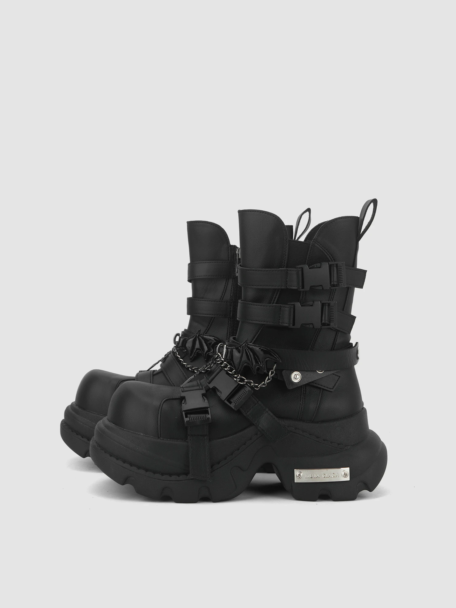 الأصلي ثقافة فرعية سميكة سوليد زيادة المرأة 2025 الخريف جديد حزام على قاطرة سلسلة فاسق أحذية بوت قصيرة 8 سنتيمتر