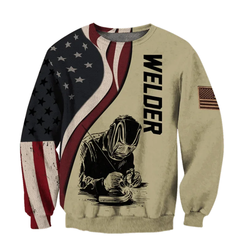 Men's 3D Full Print American Flag Welder Classic Vintage Work Theme Crewneck Sweatshirt Novelty Casual Streetwear Pullover Tops