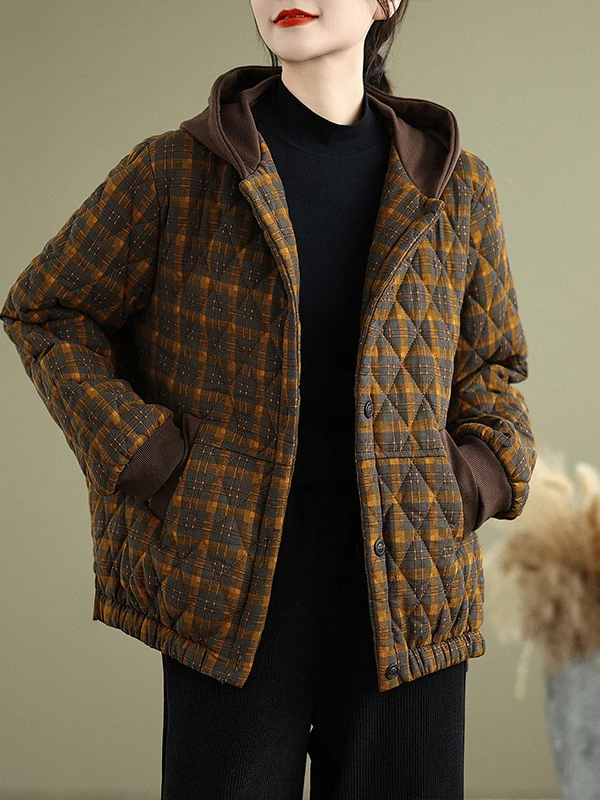 Retro-Kapuze Faion Loose Cotton Jaet Damen 2025, Herbst-Winter, High-End-koreanische Sle, große Größe, bedrucktes Rautenmuster...