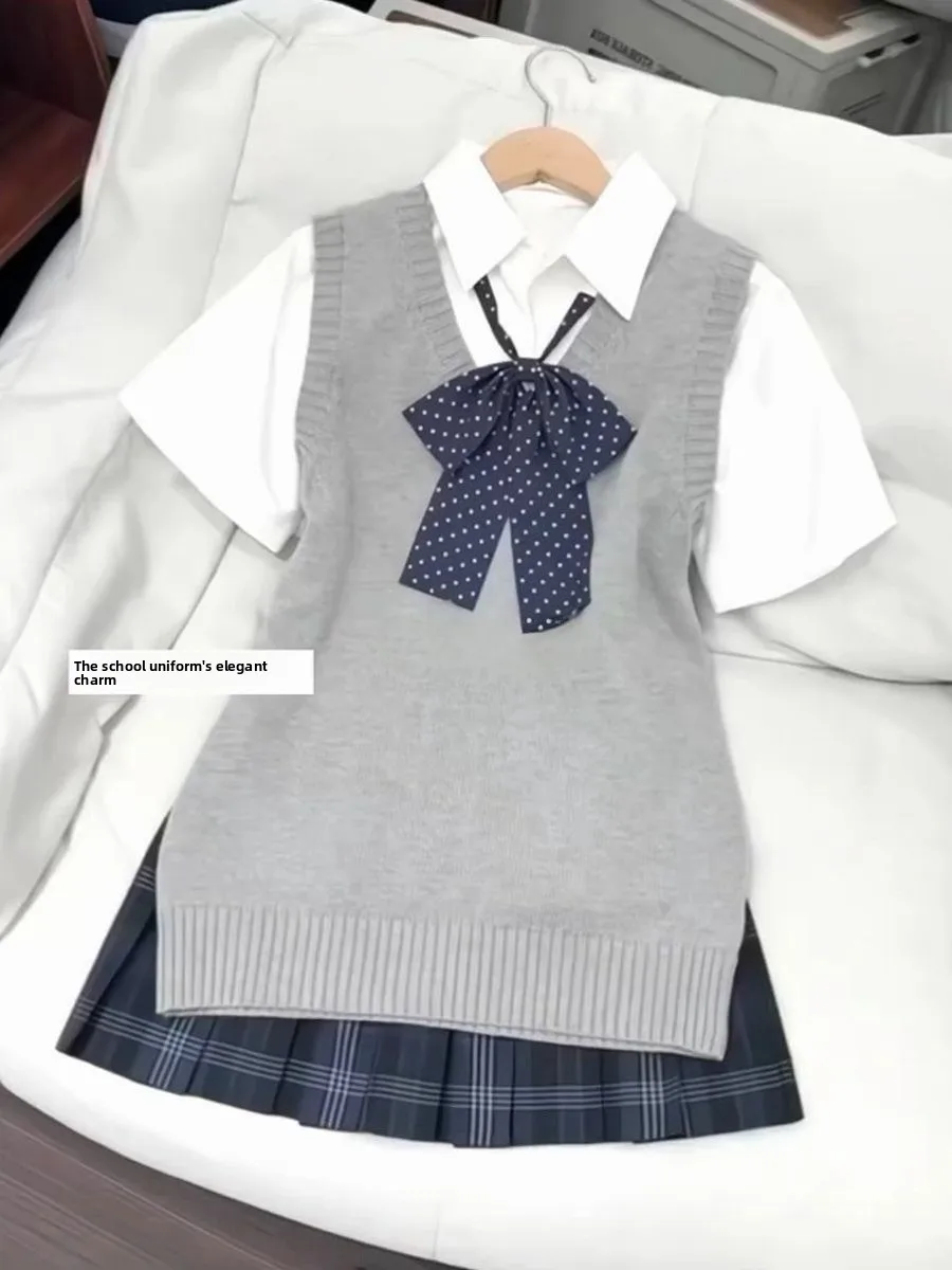 Japanese Style Sweet School Uniform Knitted Cardigan Vest Short Sleeve Set Soft Girl Manga Feel Button up Shirt Skirt Ensemble