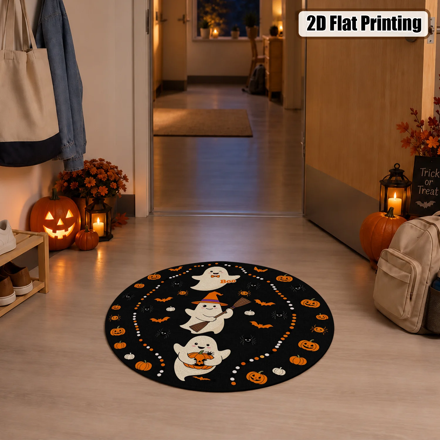 Cute Halloween Ghosts Pumpkins Bats Spiders Round Pattern Soft Velvet Decor Round Area Rug Machine Washable Stable Placement for Living Room Bedroom Entryway Dining Room Ideal for Halloween Thanksgiving Black Friday Cyber Monday Christmas New Year
