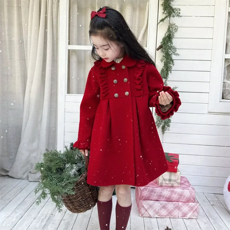 Handmade Wool Reversible Cashmere Girls' Warm Coat Red Lace Flower Detail Sweet Jacket for New Year's Christmas Boutique