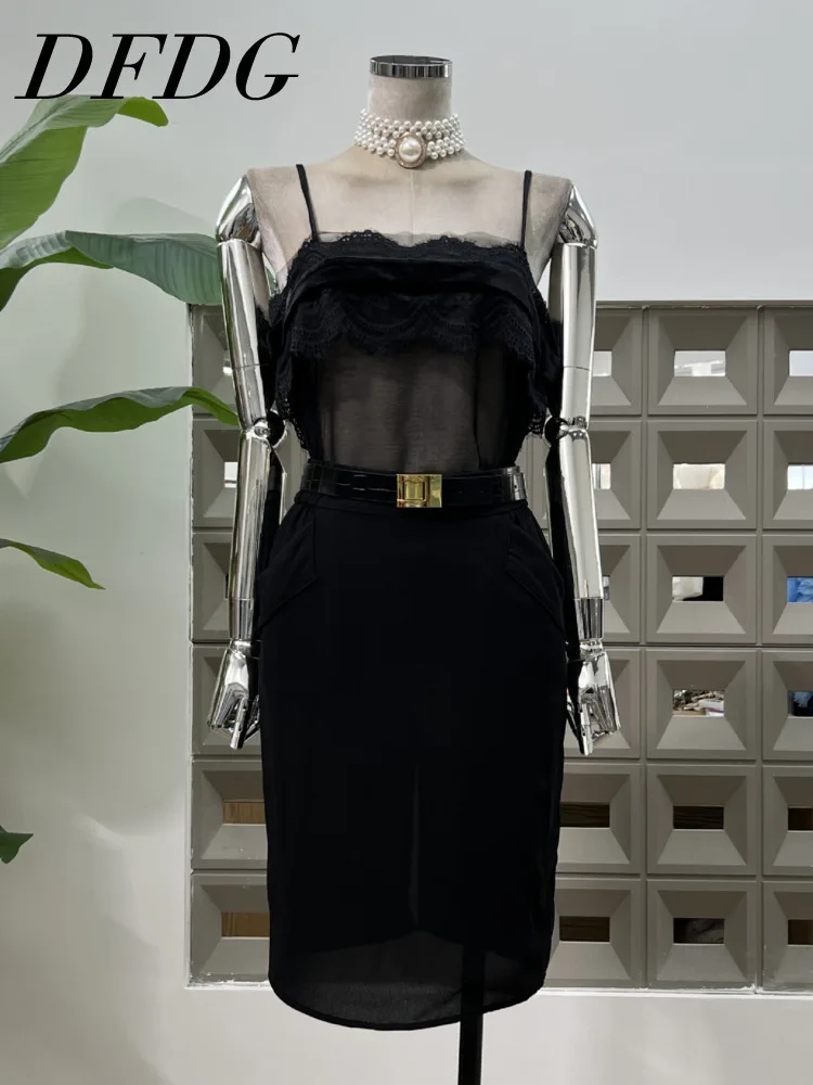 

DFDG Women’s 2025 Spring Summer Sheer Mesh Layered Camisole Flowy Chiffon High Slit Skirt Set Elegant Casual Beach Outfit Set