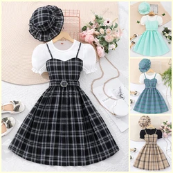 【Free Hat】Checkered Dress Teens Girl Clothes Short Sleeve 8 9 10 11 12 Years Old Summer Casual Freak 2 Pieces Women Clothing Set