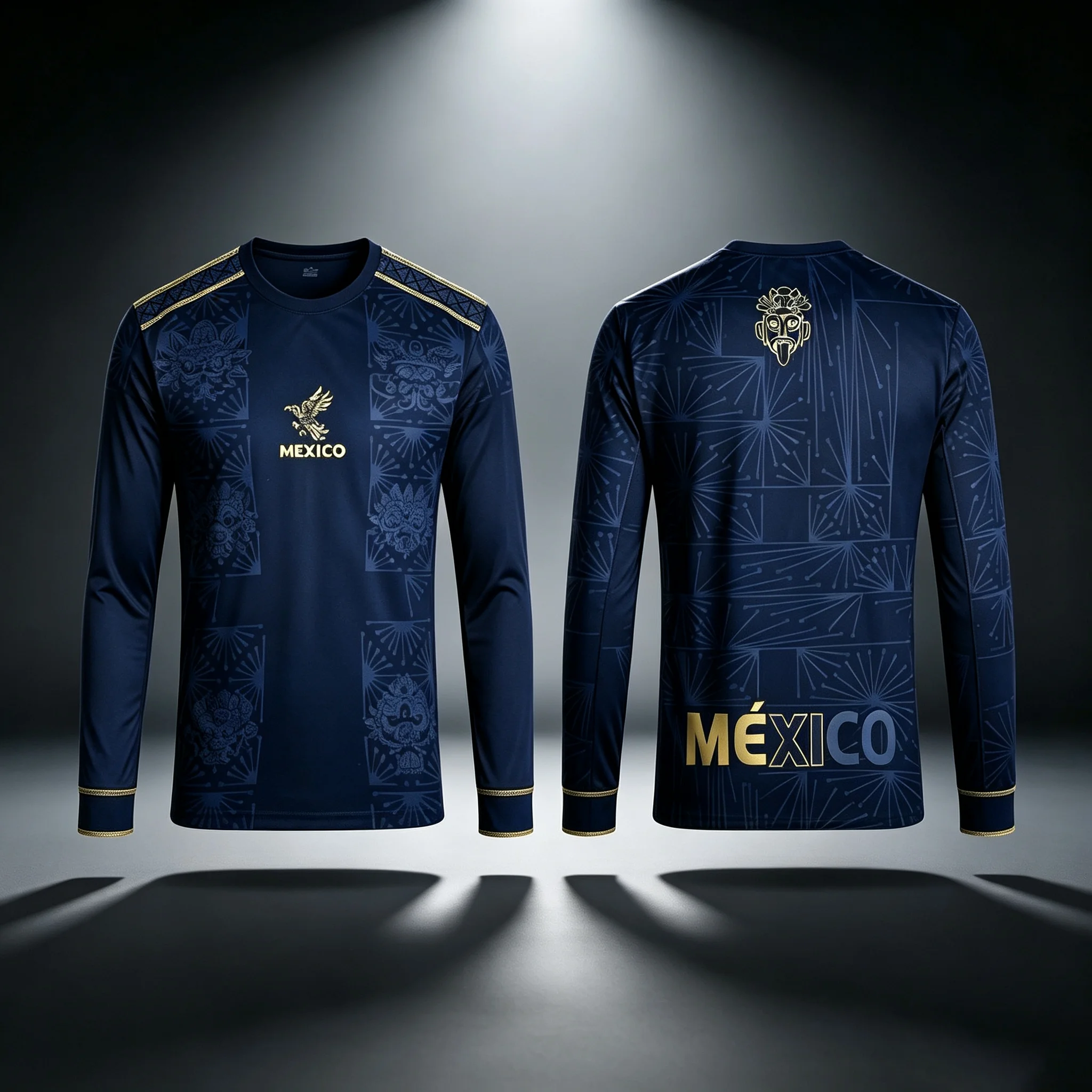 2026 Men Long Sleeve Mexico Aztec Totem Tee, Gold Eagle 3D Print Quick Dry Fitness Running Athletic Training Jersey For Fans
