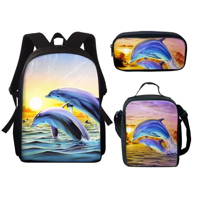 Trendy Popular Peculiar New Dolphin 3D Print 3pcs/Set Student School Bags Laptop Daypack Backpack Lunch bag Pencil Case