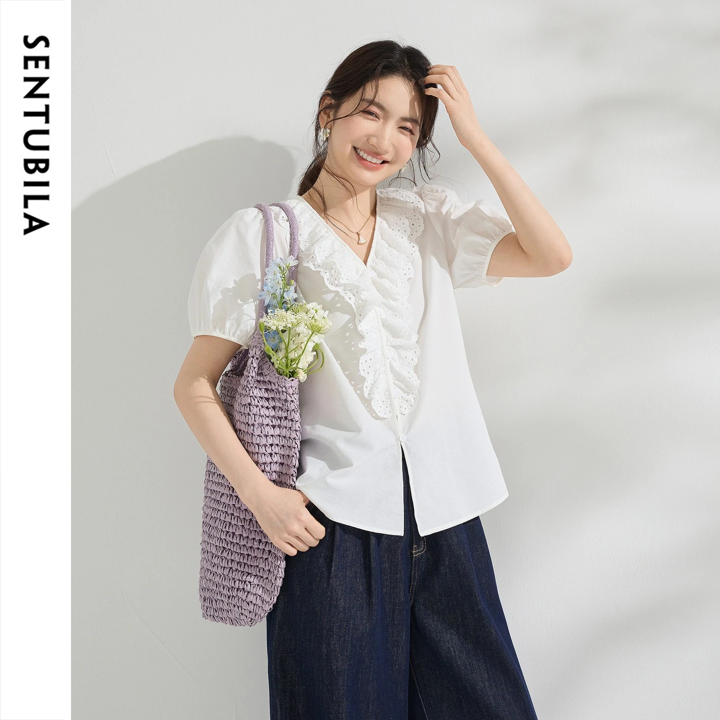 

SENTUBILA Summer Women White Ruffle Blouse 2026 Short Puff Sleeve Breathable Casual Button Down Shirt Ladies Top Q62CA7180