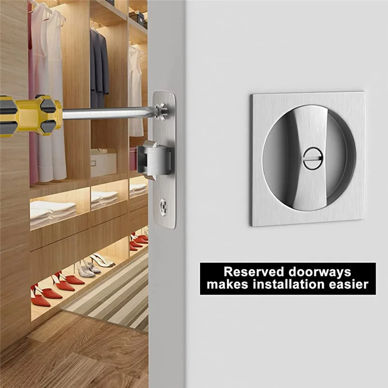 Fechadura de porta de bolso para cama/banho, níquel acetinado, privacidade contemporânea, hardware de porta de bolso quadrado, trava de porta de bolso deslizante