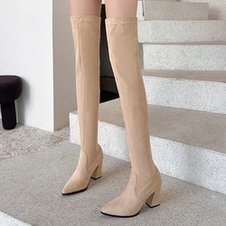 Elastic Women's Over the Knee High Boots Flock Long Thigh High Boot Ladies Autumn Shoes Black Red Heeled Footwear Large Size 45