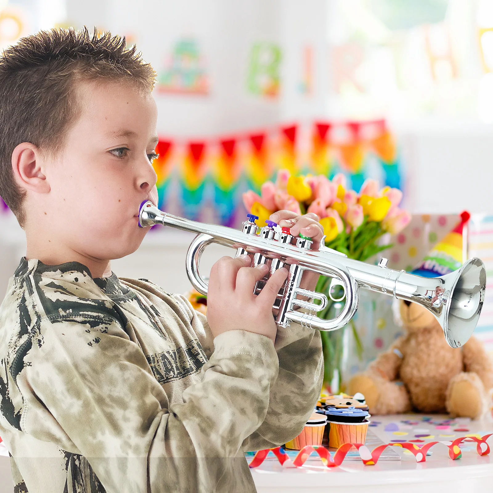 Tromba di plastica per bambini Piccolo strumento colorato per l'apprendimento della musica per bambini Giocattolo educativo creativo Tromba giocattolo musicale