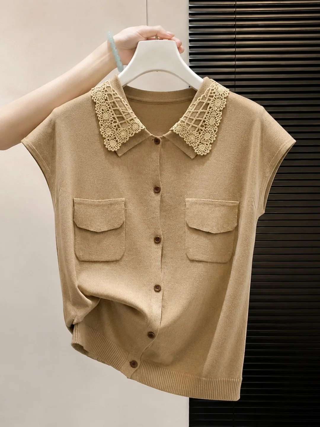Summer Design Sense Hollow out Collar Ice Silk Knitted Top Single Button Commuter Versatile Women's Fashion Korean Style Stra...