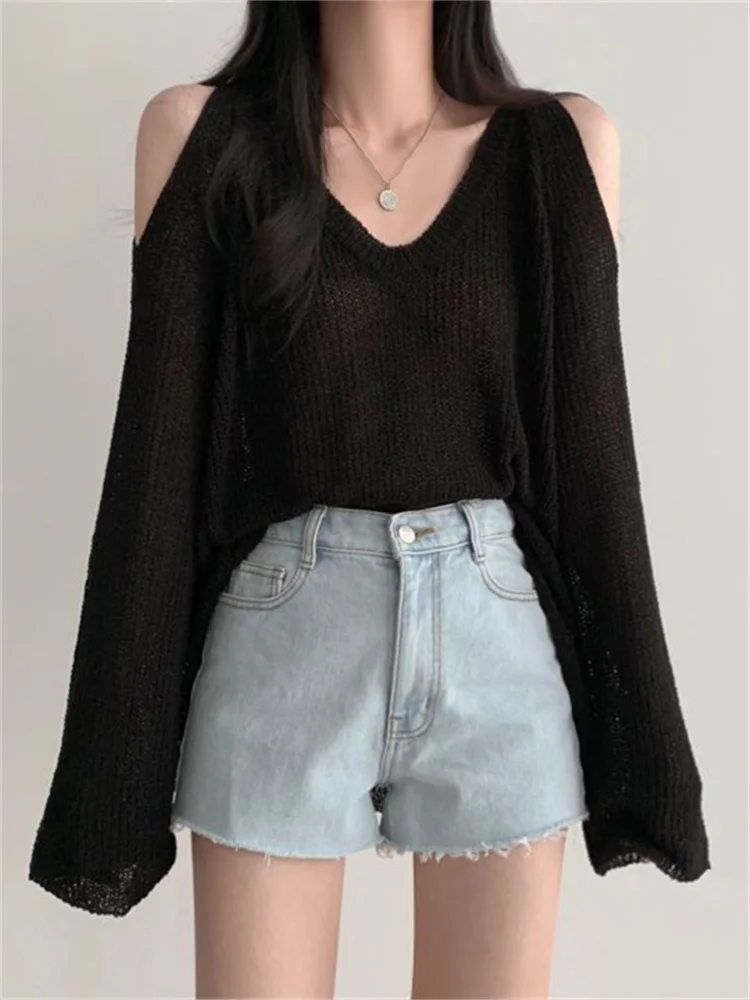 Off Shoulder Knitted Sweater Women Autumn Retro V-neck Thin Knitwear Female Korean Fashion Loose Casual All-match Sunscreen Tops