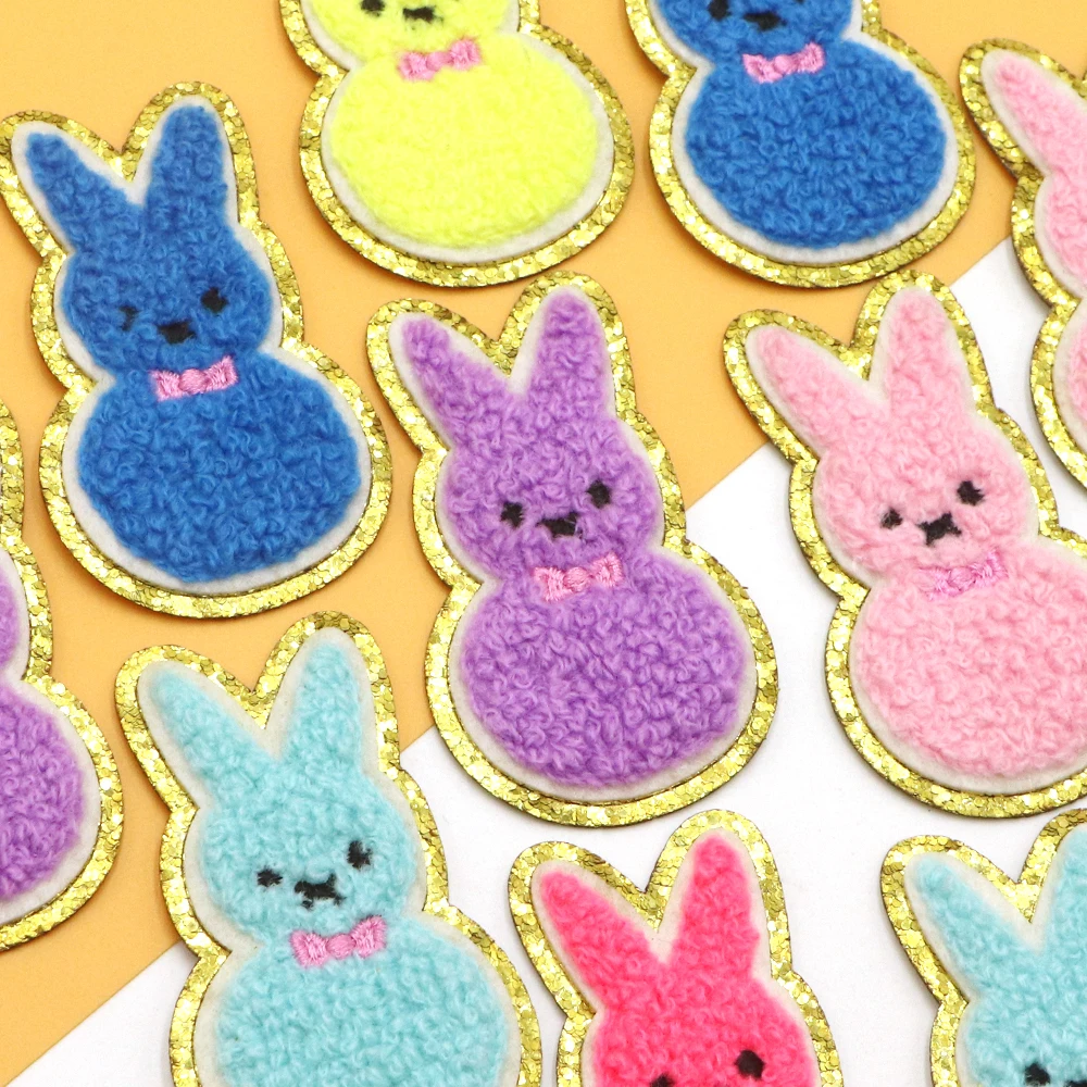 New 1PC Happy Easter Bunny Golden Edges Iron On Patch Chenille Embroidery Fabric Patche Sew On Patch for DIY Hats Bags Clothes