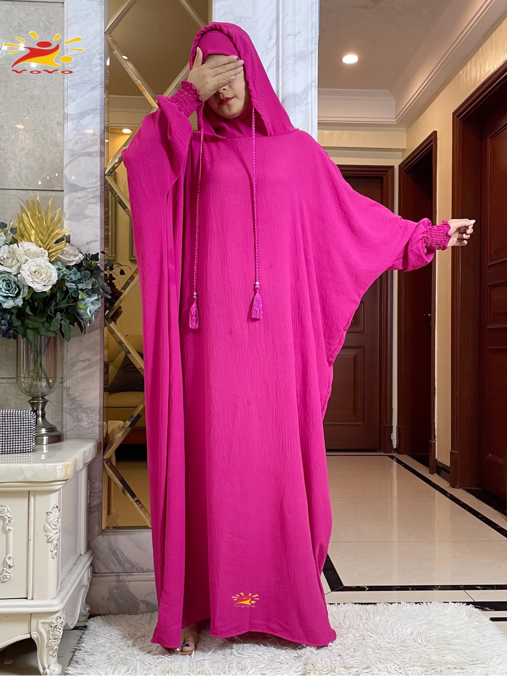 New Ramadan Muslim Two Hats Abaya Dubai Turkey Islam Prayer Clothes Ice Silk Zou Fabric Dress Batwing Sleeve Women Dress Kaftan