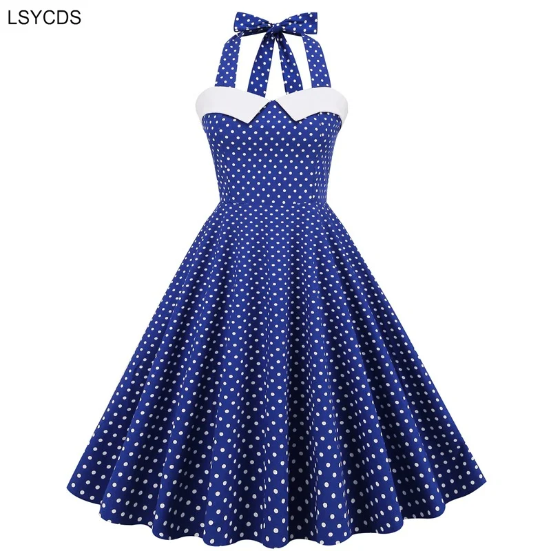 LSYCDS Sexy Halter Evening Vintage Party Summer Cotton Dresses for Women 2024 Polka Dot Fit and Flare Backless Swing Dress New