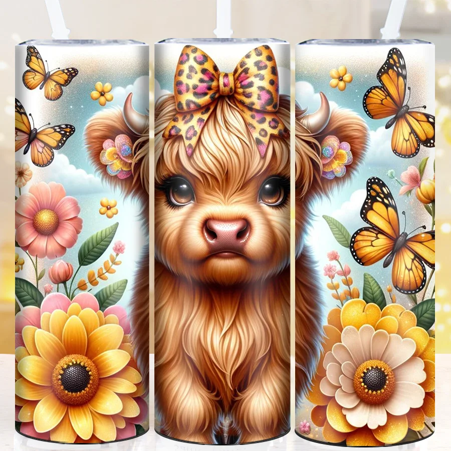 20oz Party Vacuum Tumblers Straw Lid 3D Print Christmas Highland Cow Festive Cups Stainless Steel Insulated Bottle Party Gift