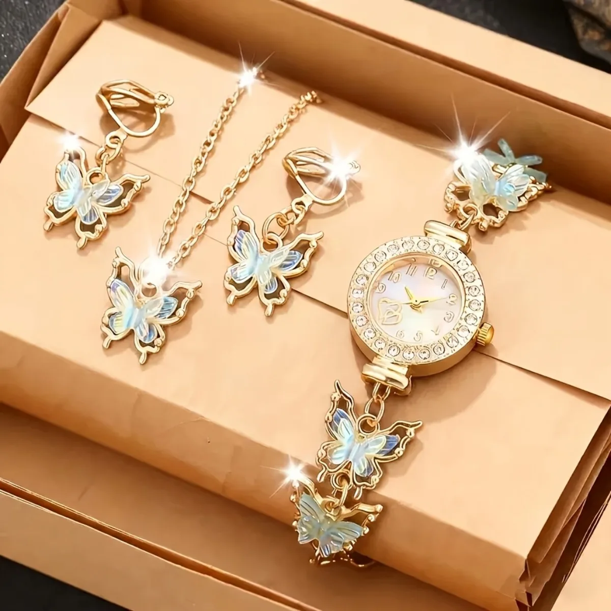 4PCS Elegant Rhinestone Women Watch Butterfly Jewelry Set Fashion Ladies Quartz Wristwatches Necklace Earrings Gift（Without Box）