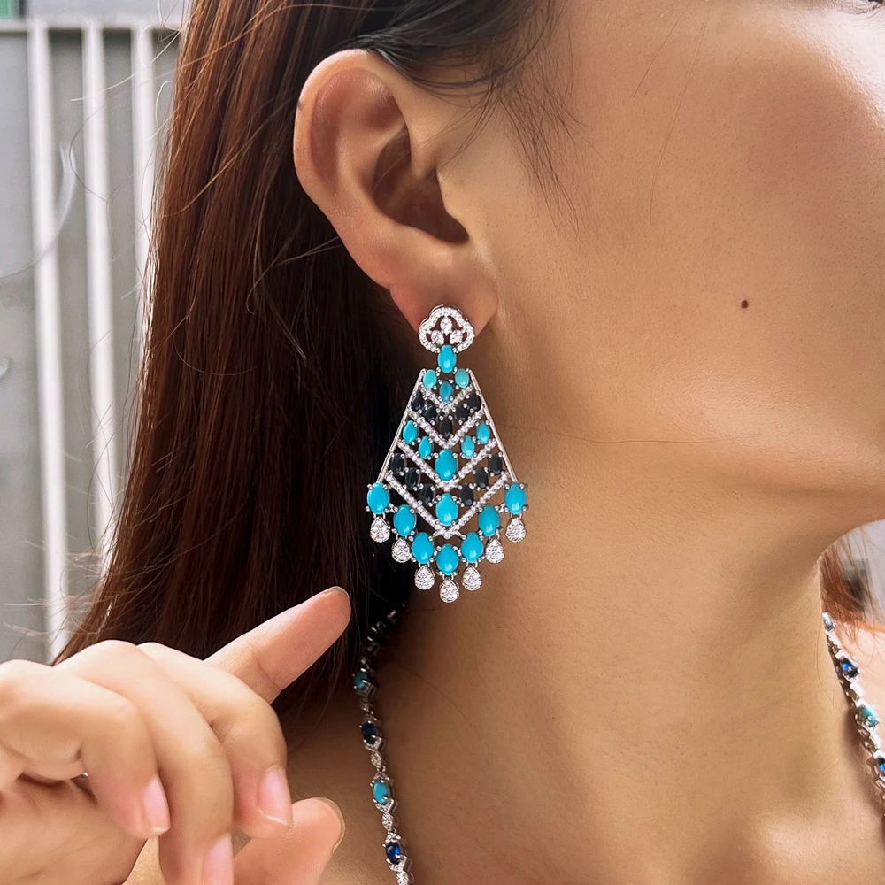 Pera Ethnic Style Blue Turquoise With Zircon Inlaid Long Tassel Drop Earrings Summer Weeding Jewelry Gift For Women Girl E888