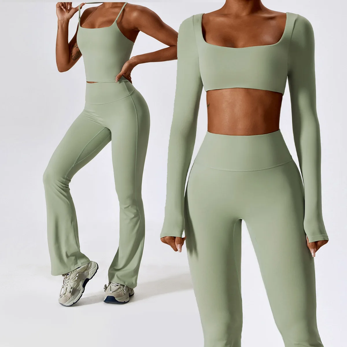 

Women Sportswear Workout Clothes Yoga Set 2PCS Seamless Athletic Wear Gym Legging Fitness Bra Crop Top Long Sleeve Sports Suits