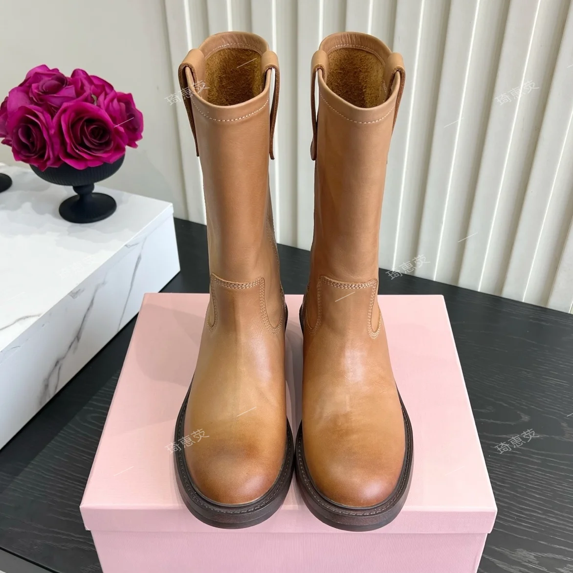 Retro-Style Distressed Leather Mid-Calf Boots For Women 2026 New Versatile Thigh-High Chunky-Heel Boots Ankle Boots