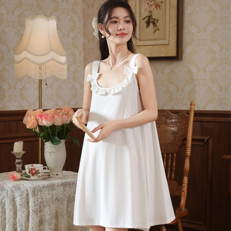 

Women's Summer Cute French Princess Loose Sweet Nightgown with Bra Pads Home Comfortable Cotton Sleepwear